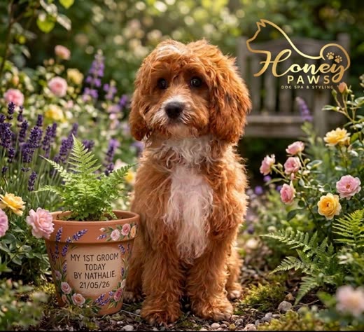 Red cockapoo puppy sitting among flowers after its first groom